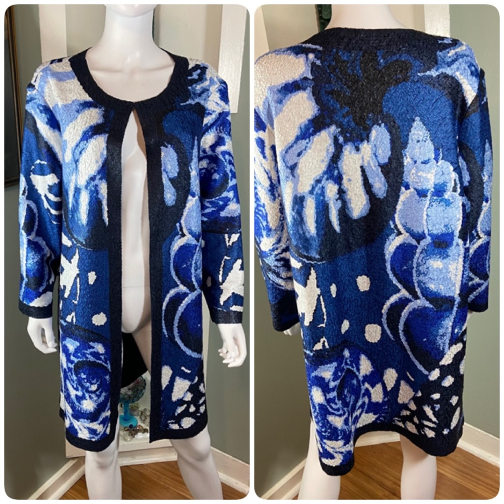 Chico's Sz 2 Sea Shell Abstract Satin Textured Cardigan Duster Midi Jacket 14/16